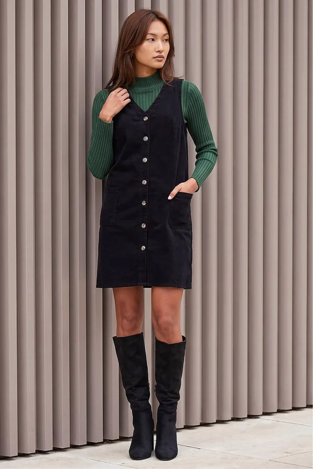 Roman Black Cotton V-Neck Button Pocket Dress