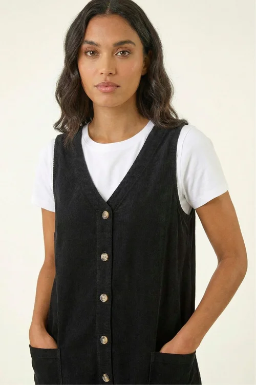 Roman Black Cotton V-Neck Button Pocket Dress - 14 Image 3