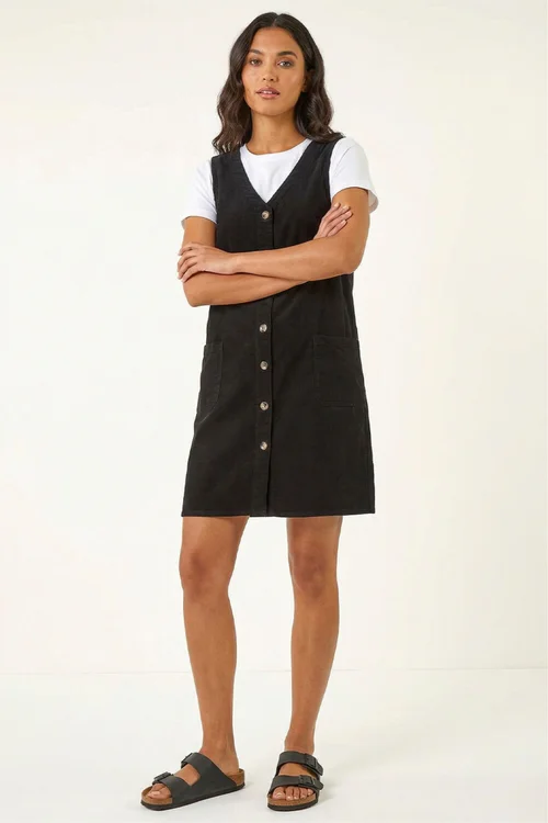 Roman Black Cotton V-Neck Button Pocket Dress - 14 Image 2