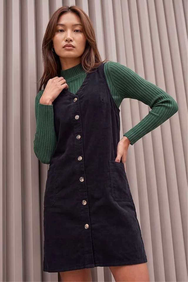 Roman Black Cotton V-Neck Button Pocket Dress