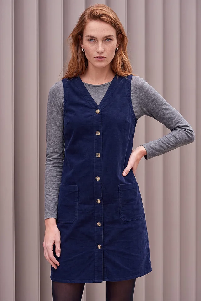 Roman Navy Cotton V-Neck Button Pocket Dress
