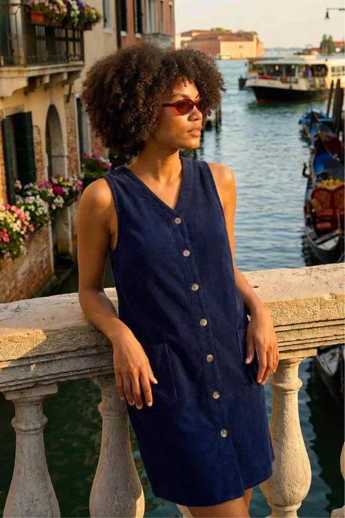 Roman Navy Cotton V-Neck Button Pocket Dress - 12 Image 1