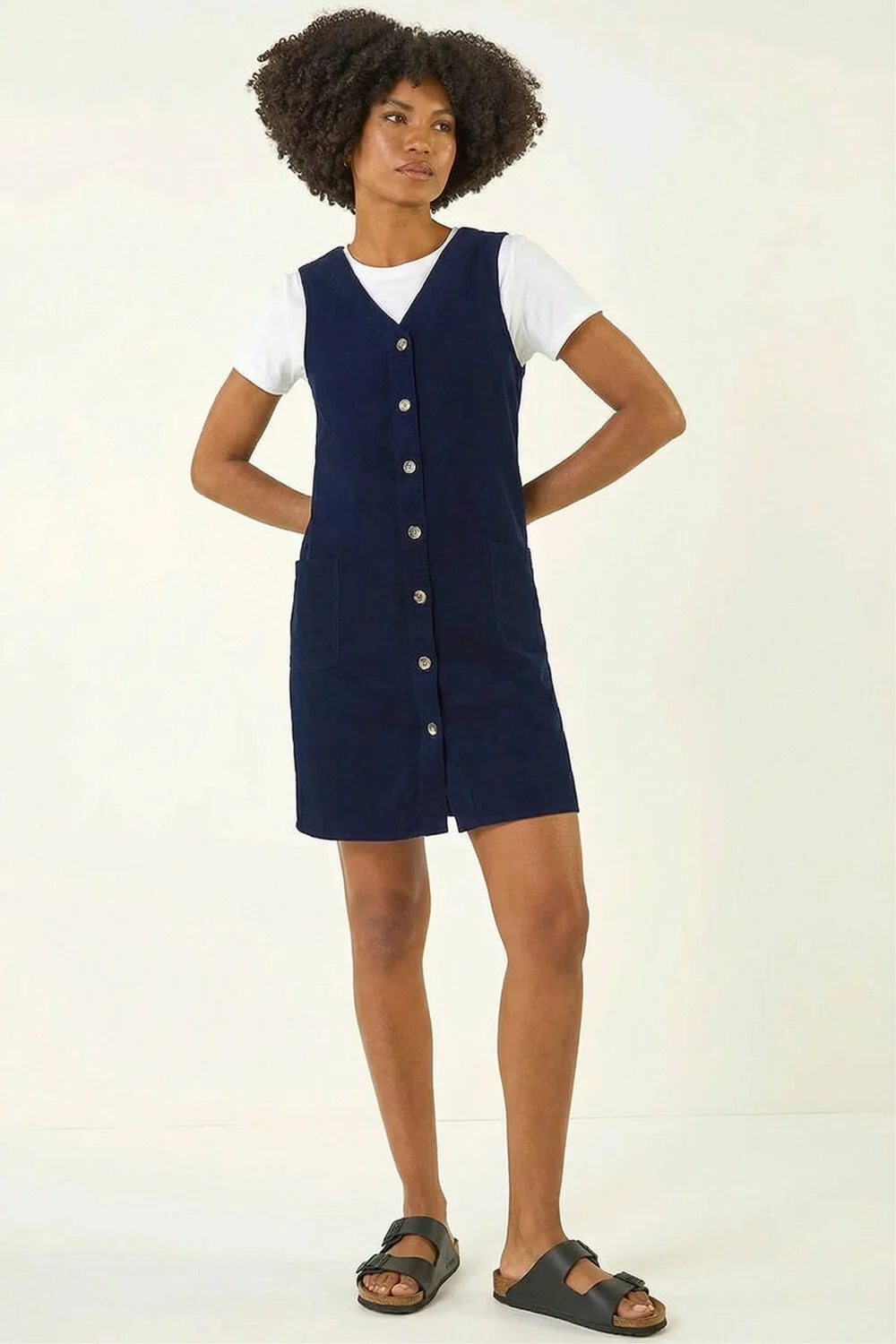 Roman Navy Cotton V-Neck Button Pocket Dress - 12 Image 3