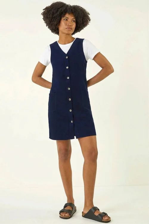 Roman Navy Cotton V-Neck Button Pocket Dress - 12 Image 3