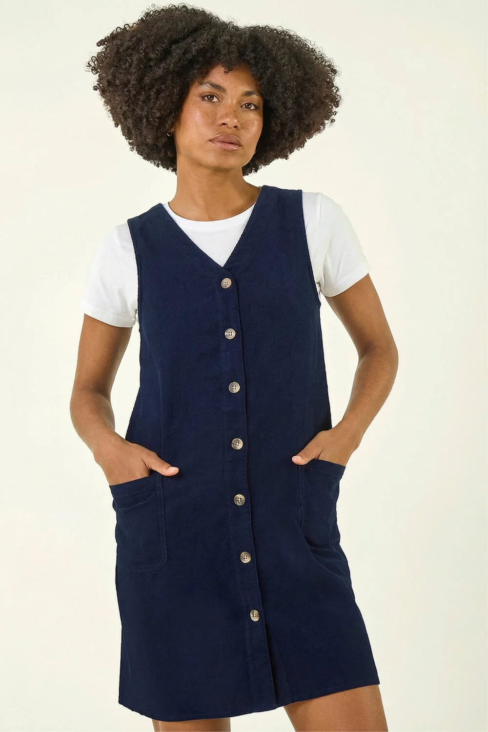 Roman Navy Cotton V-Neck Button Pocket Dress - 12 Image 2
