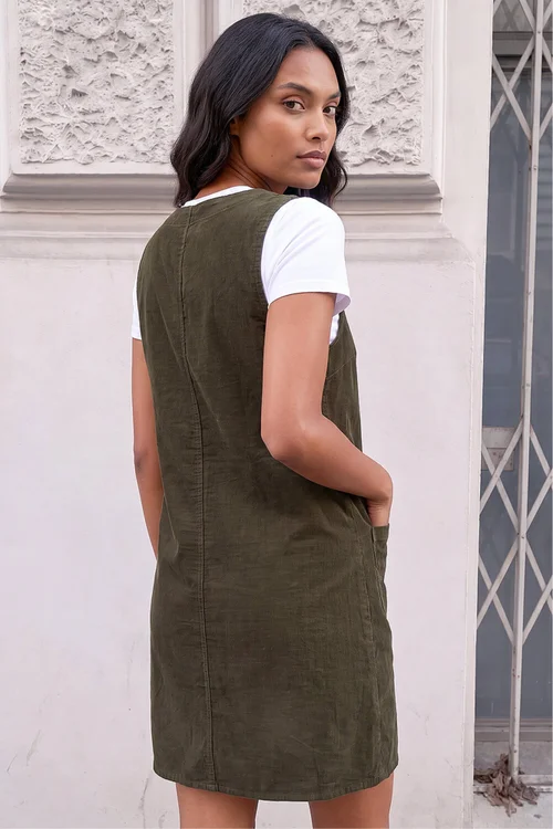 Roman Khaki Cotton V-Neck Button Pocket Dress - 20 Image 3