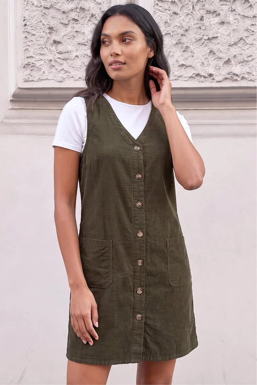 Roman Khaki Cotton V-Neck Button Pocket Dress - 20 Image 2