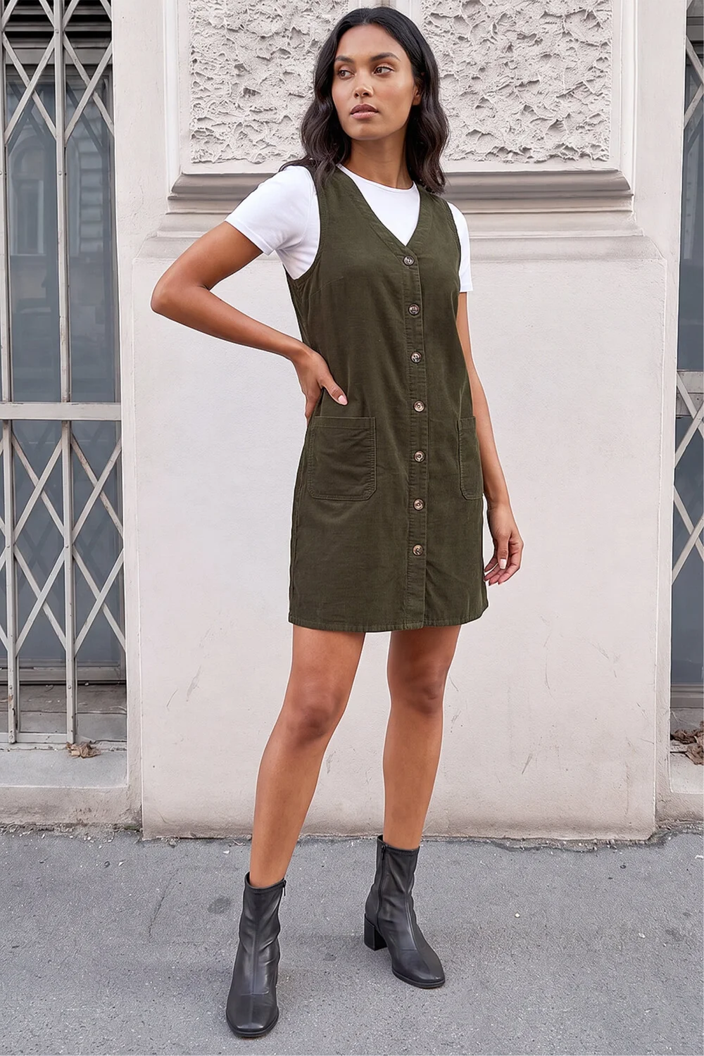 Roman Khaki Cotton V-Neck Button Pocket Dress - 20 Image 1