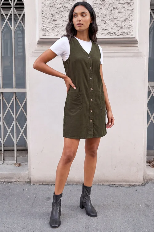 Roman Khaki Cotton V-Neck Button Pocket Dress - 20 Image 1