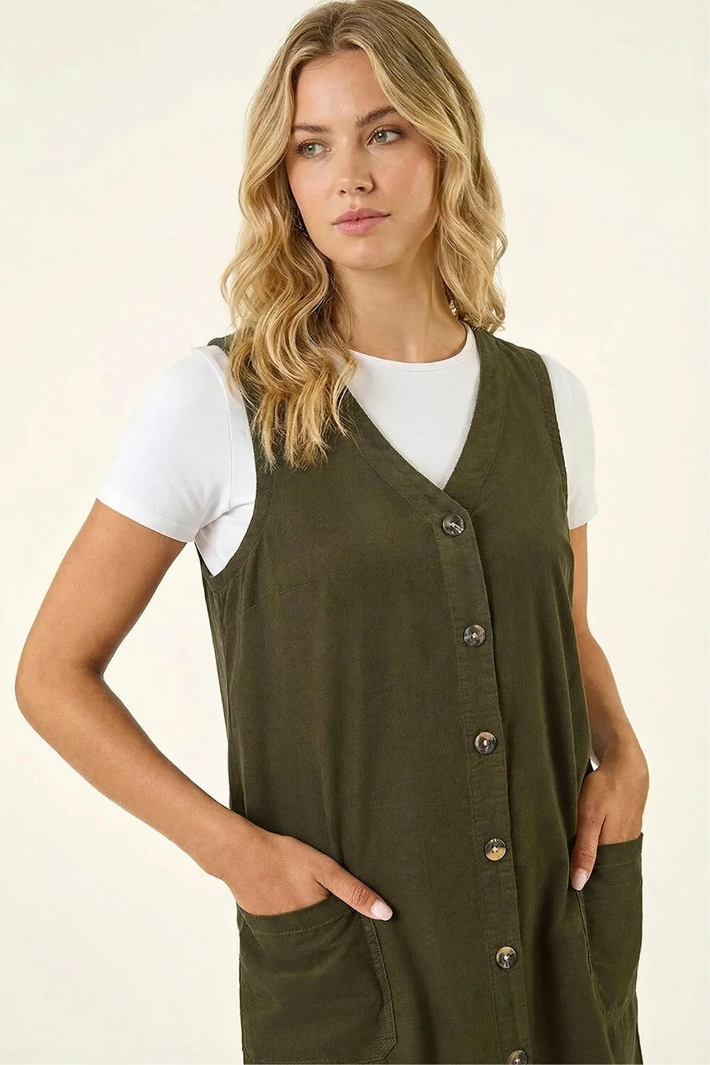 Roman Khaki Cotton V-Neck Button Pocket Dress - 20 Image 3