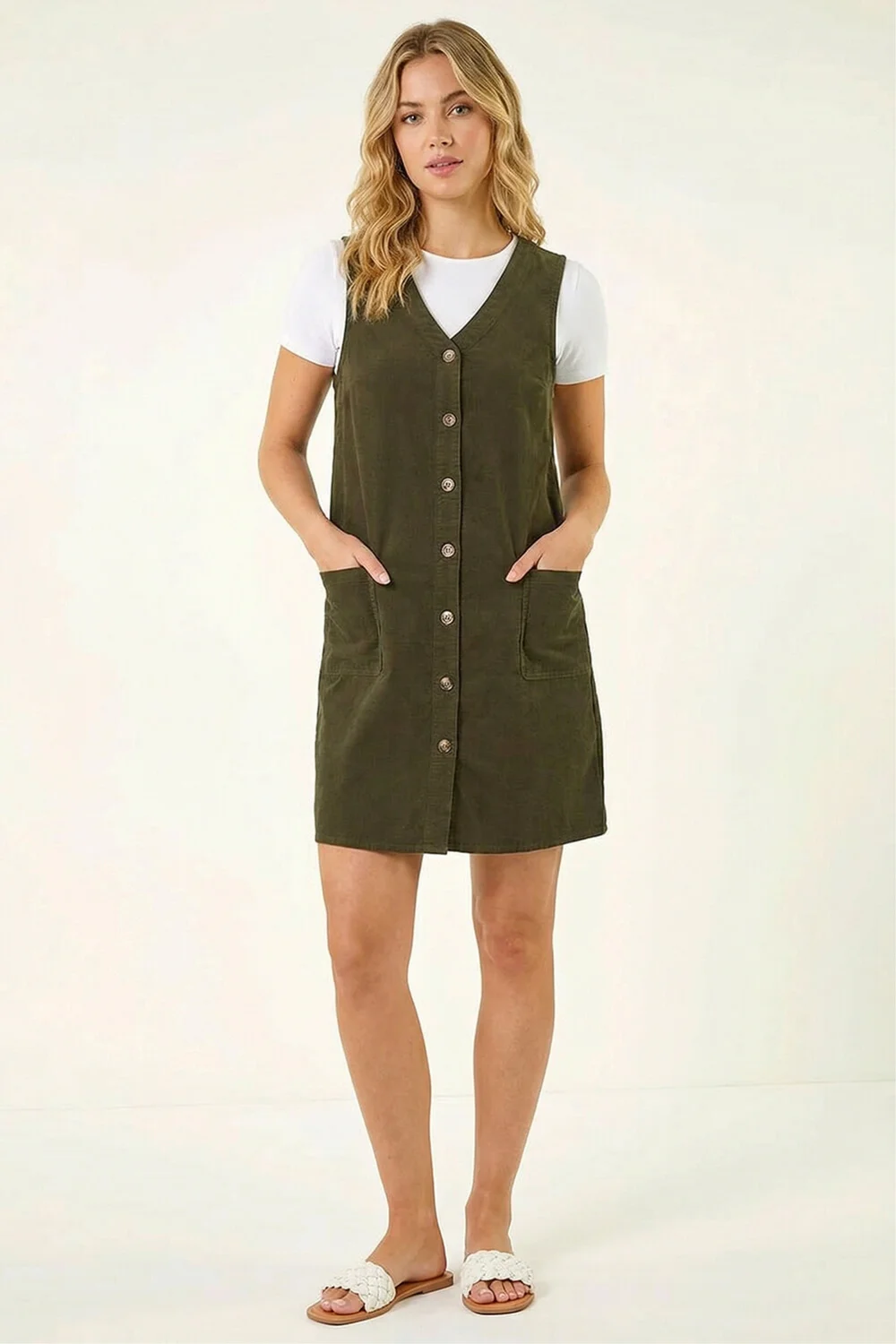 Roman Khaki Cotton V-Neck Button Pocket Dress - 20 Image 2