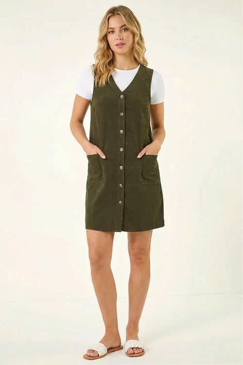Roman Khaki Cotton V-Neck Button Pocket Dress - 20 Image 2