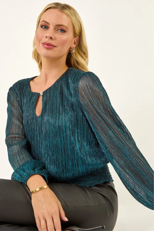 Roman Teal Petite Crinkle Keyhole Shimmer Top - Size 10 Image 3
