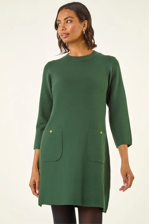 Roman Dark Green Patch Pocket Knit Dress - 20 Image 2