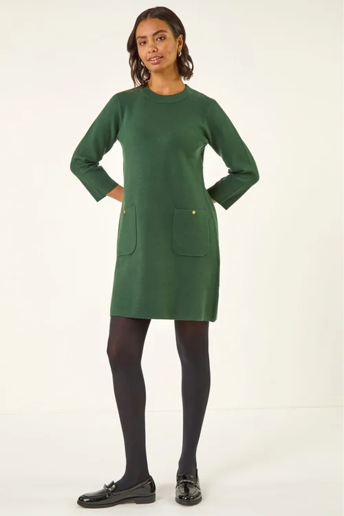 Roman Dark Green Patch Pocket Knit Dress - 20 Image 3