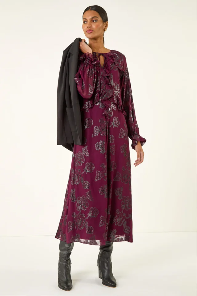 Roman Wine Floral Brocade Frill Midi Dress