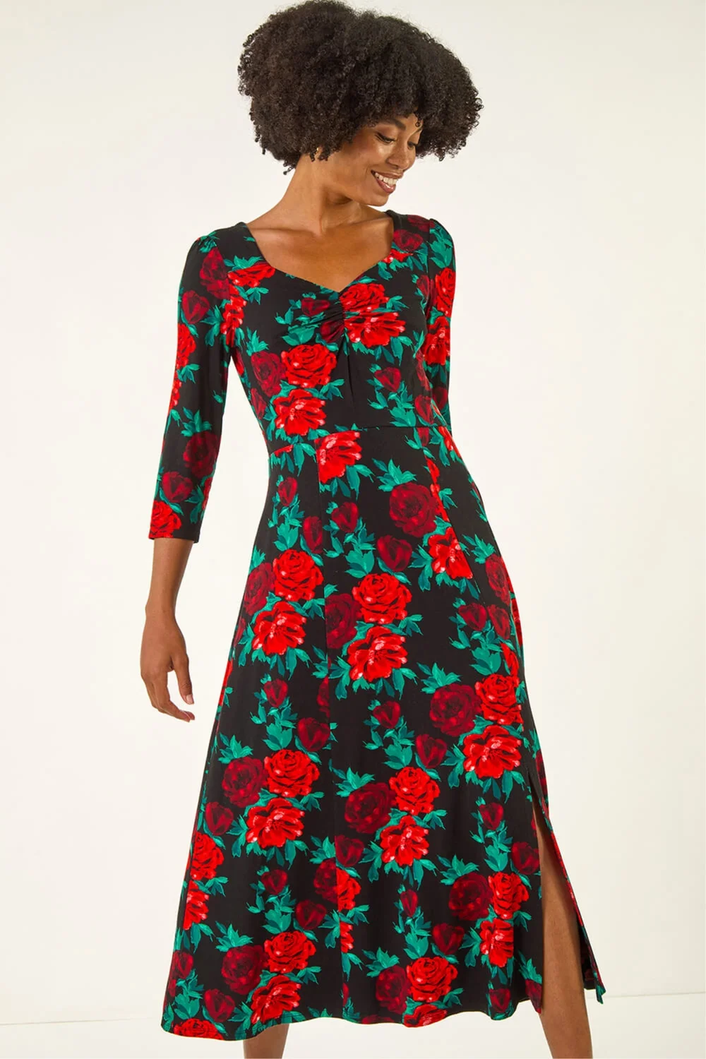Roman Red Rose Ruched Midi Dress - 10 Image 4