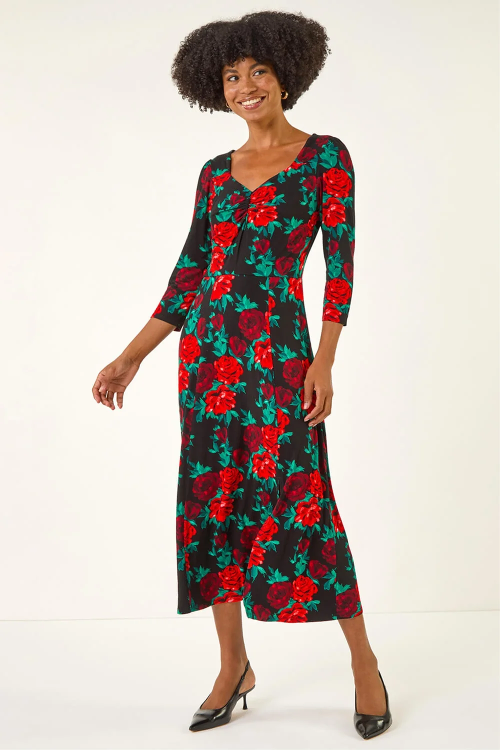 Roman Red Rose Ruched Midi Dress - 10 Image 2