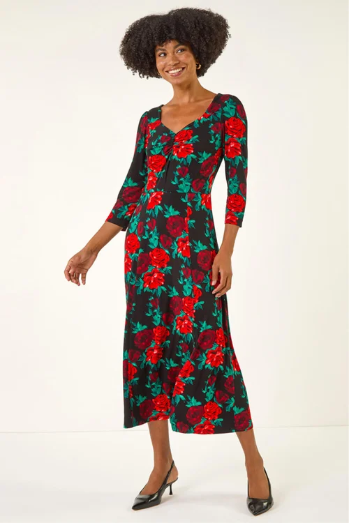 Roman Red Rose Ruched Midi Dress - 10 Image 2