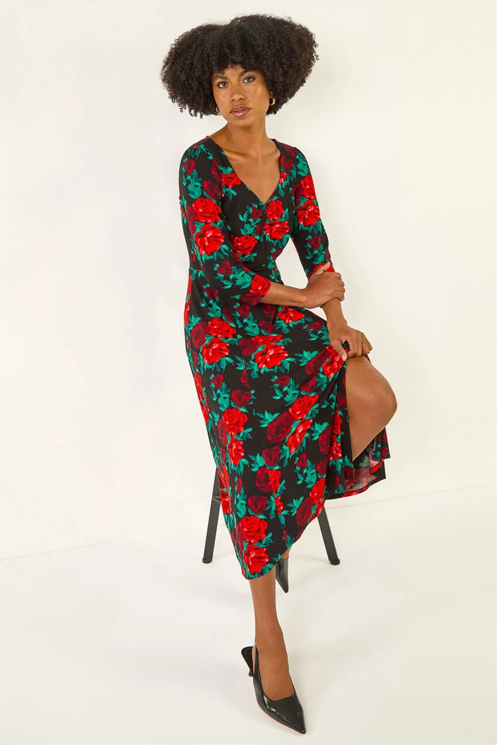 Roman Red Rose Ruched Midi Dress - 10 Image 1