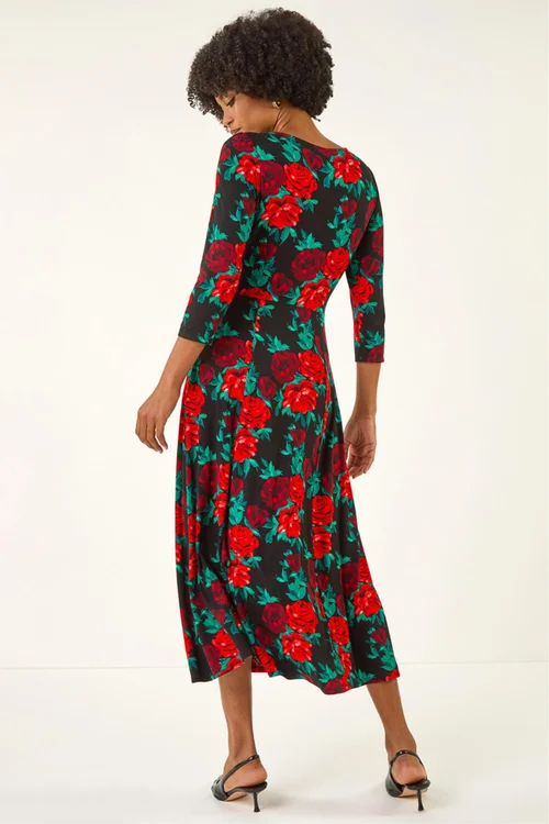 Roman Red Rose Ruched Midi Dress - 10 Image 3