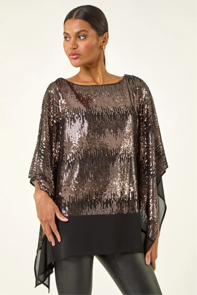 Roman Taupe Ombre Sequin Mesh Chiffon Top
