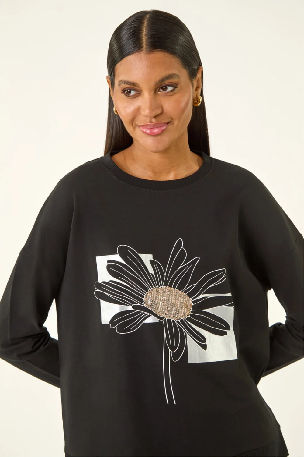 Roman Black Floral Print Stretch Top - Size 20 Image 4