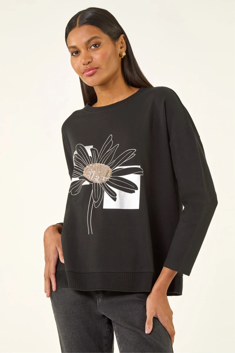 Roman Black Floral Print Stretch Top - Size 20 Image 2