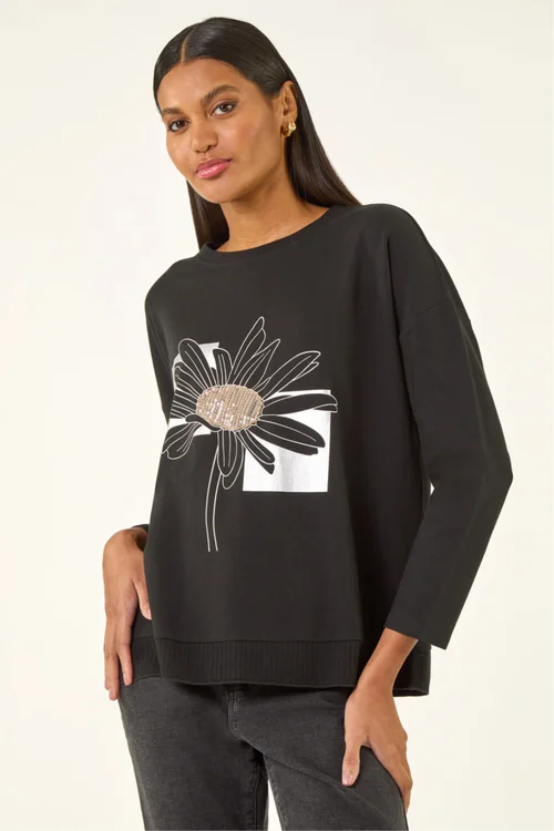 Roman Black Floral Print Stretch Top - Size 20 Image 2