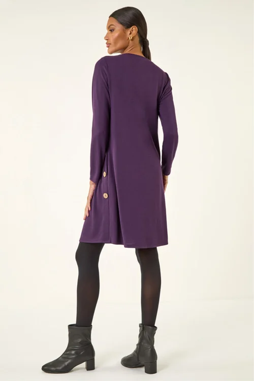 Roman Purple Side Button Detail Stretch Swing Dress - 18 Image 3