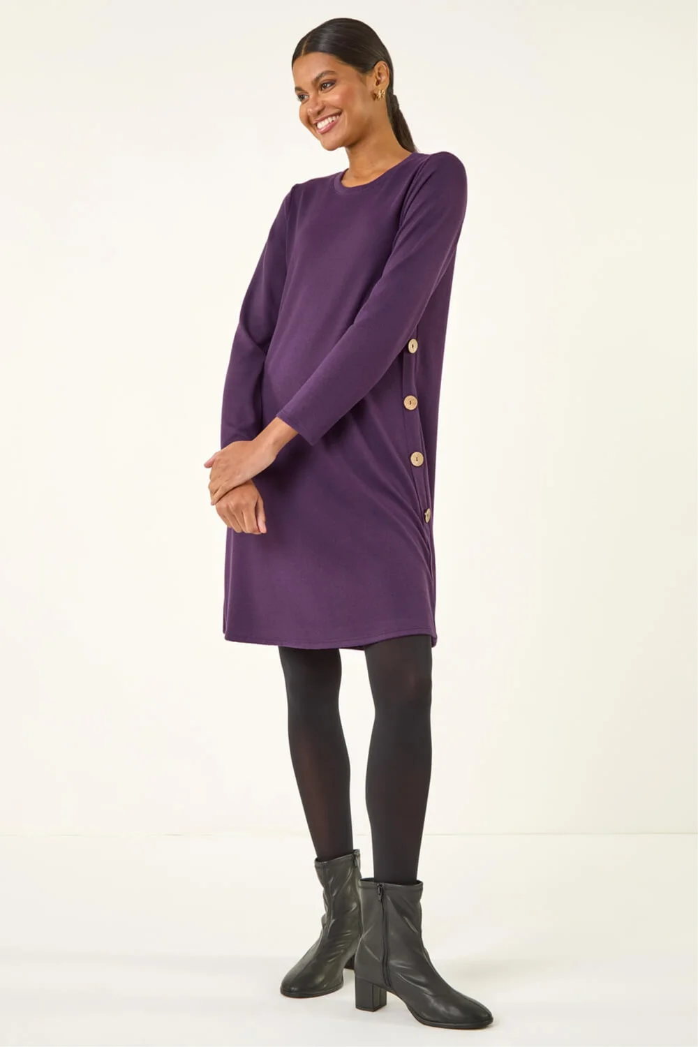 Roman Purple Side Button Detail Stretch Swing Dress - 18 Image 1