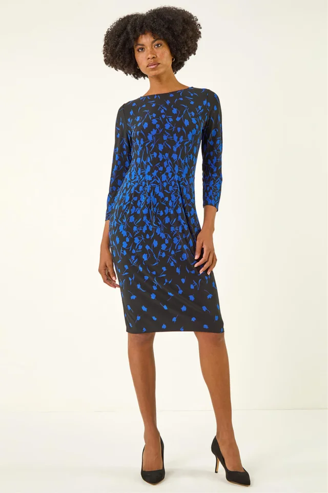 Roman Royal Blue Floral Pleat Pocket Front Stretch Dress