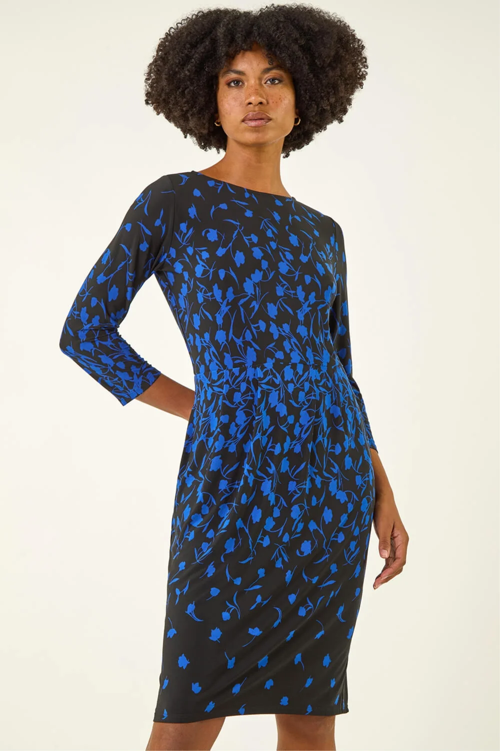 Roman Royal Blue Floral Pleat Pocket Front Stretch Dress - 18 Image 1