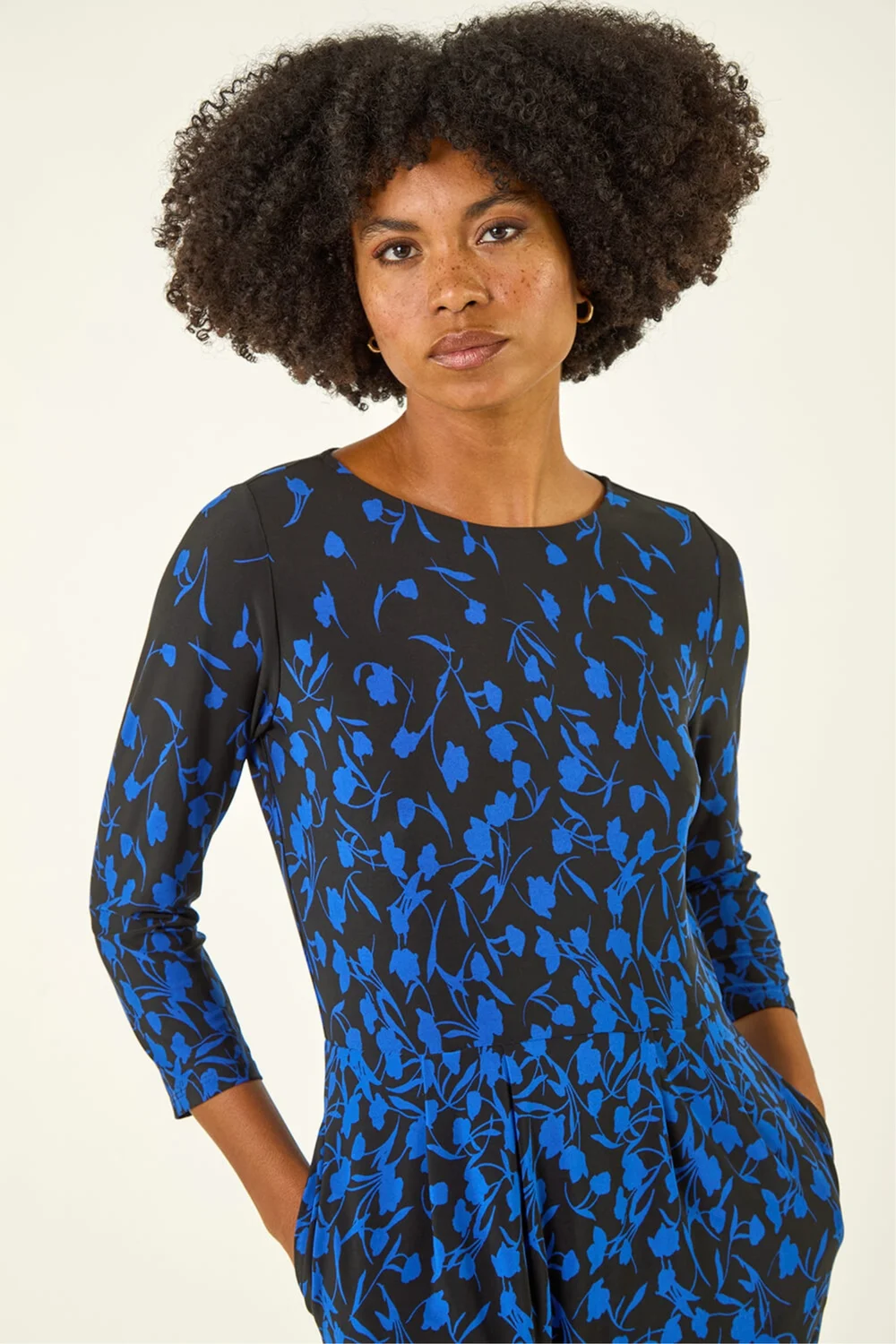 Roman Royal Blue Floral Pleat Pocket Front Stretch Dress - 18 Image 4