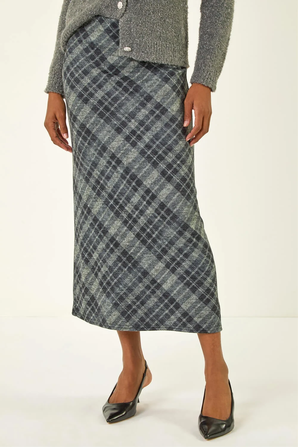 Roman Dark Grey Check Shadow Panel Skirt - Size 16 Image 1