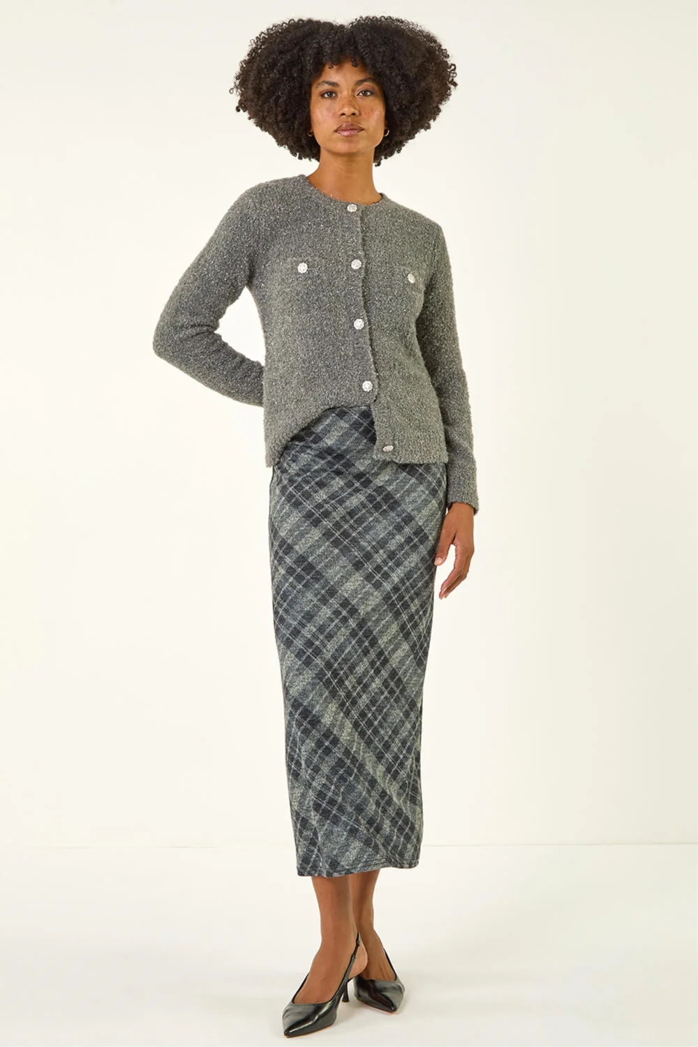 Roman Dark Grey Check Shadow Panel Skirt - Size 16 Image 3