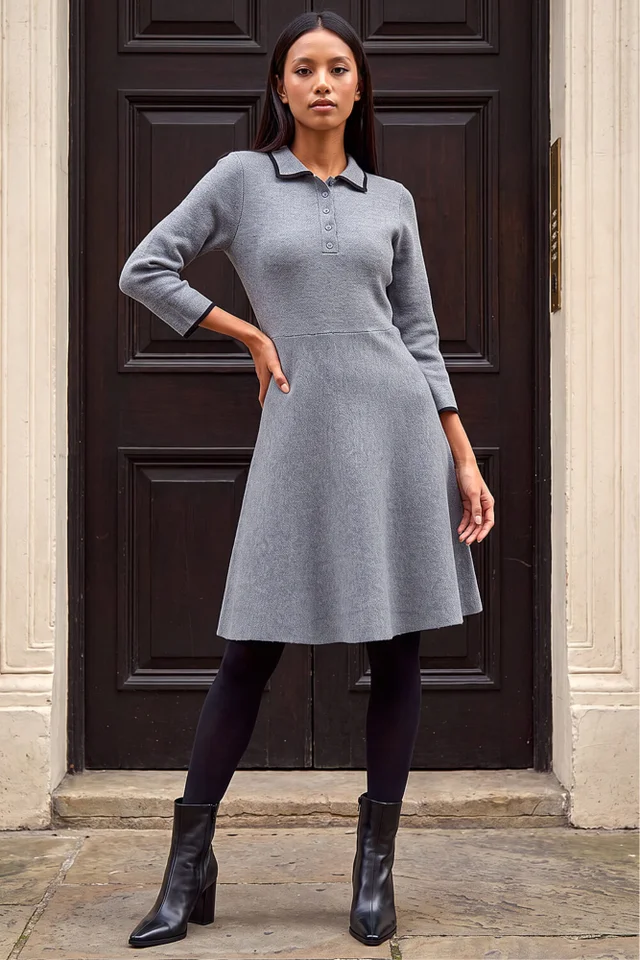 Roman Grey Petite Collared Knit Dress