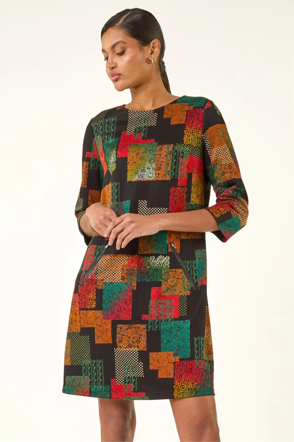 Roman Copper Geo Print Shift Stretch Dress - 16 Image 2