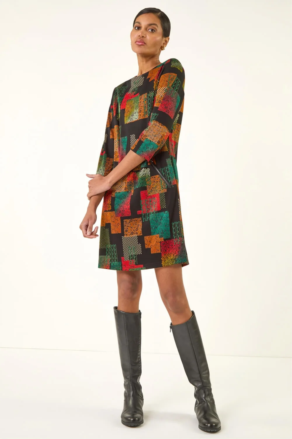 Roman Copper Geo Print Shift Stretch Dress - 16 Image 1