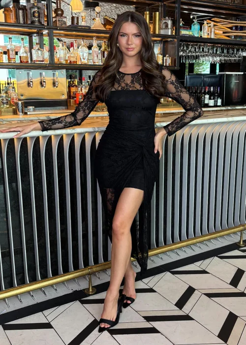 AX Paris Black Lace Overlay Long Sleeve Knot Skirt Midi Dress - 16 Image 1