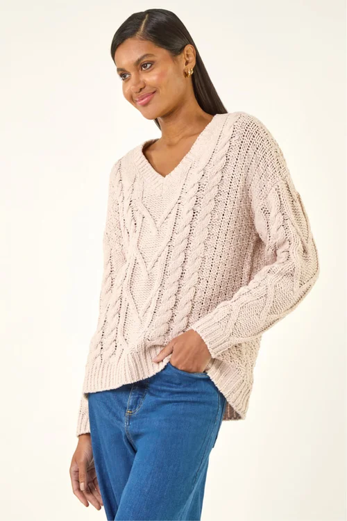 Roman Stone V-Neck Cable Knit Jumper - 14 Image 4