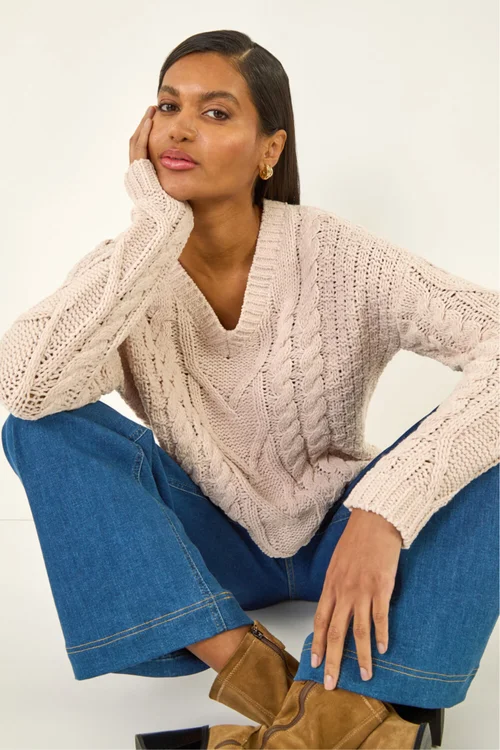 Roman Stone V-Neck Cable Knit Jumper - 14 Image 1