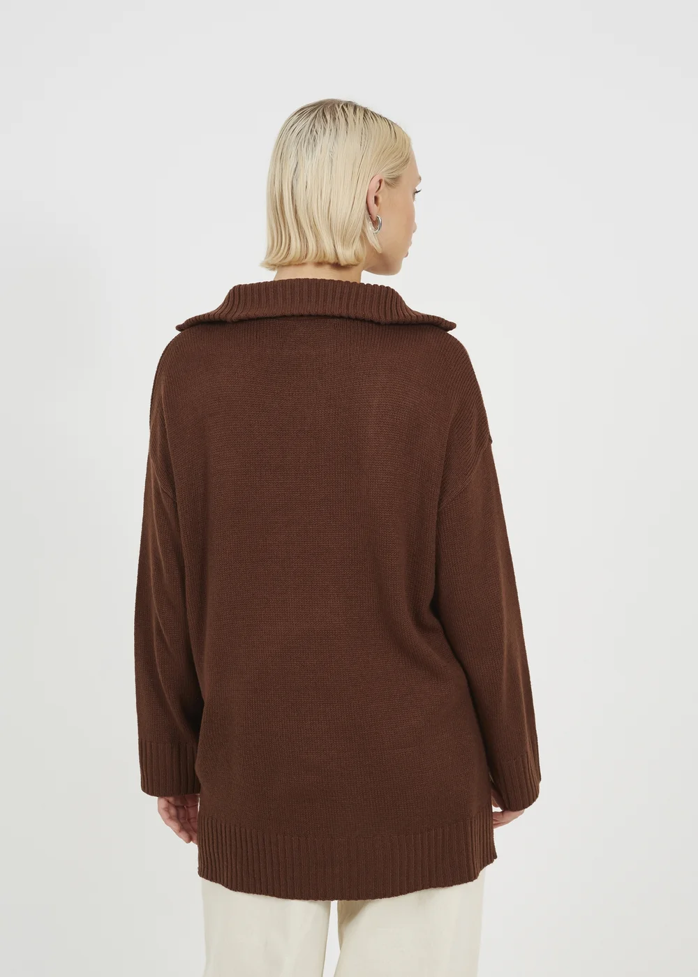 Brave Soul Chocolate Oversized 1/2 Zip Knitted Jumper - S Image 2