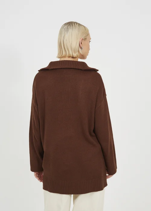 Brave Soul Chocolate Oversized 1/2 Zip Knitted Jumper - S Image 2