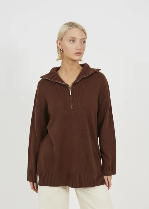 Brave Soul Chocolate Oversized 1/2 Zip Knitted Jumper - S Image 1