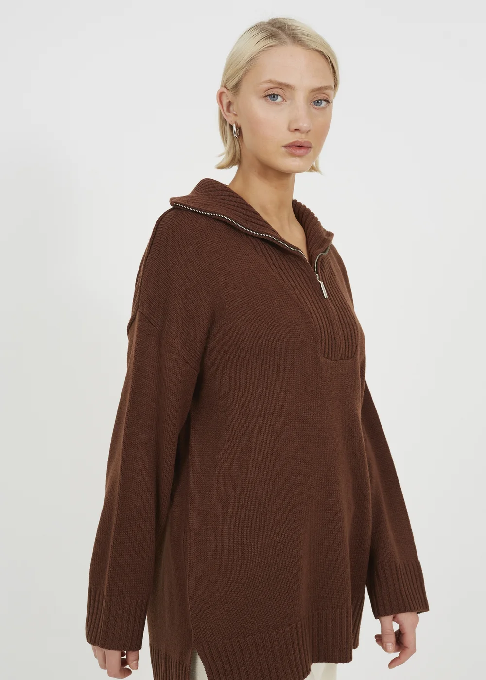 Brave Soul Chocolate Oversized 1/2 Zip Knitted Jumper - S Image 3