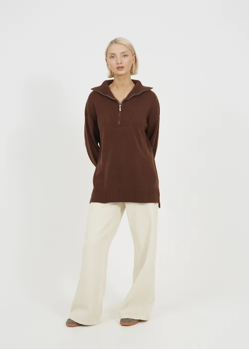 Brave Soul Chocolate Oversized 1/2 Zip Knitted Jumper - S Image 4