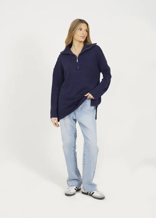 Brave Soul Navy Oversized 1/2 Zip Knitted Jumper - XS Image 4