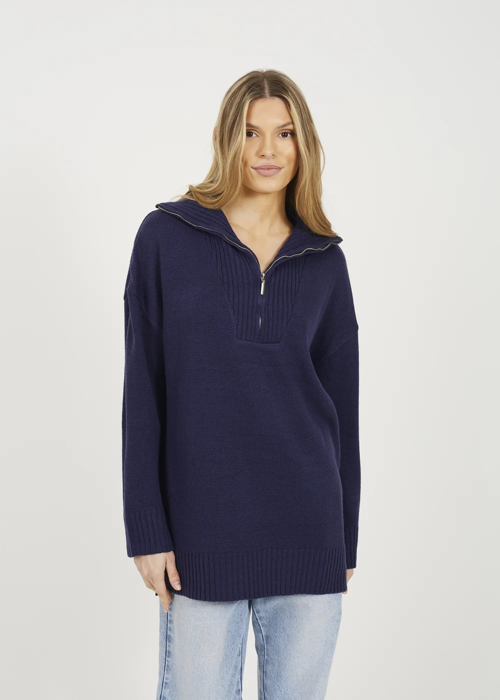 Brave Soul Navy Oversized 1/2 Zip Knitted Jumper - XS Image 1