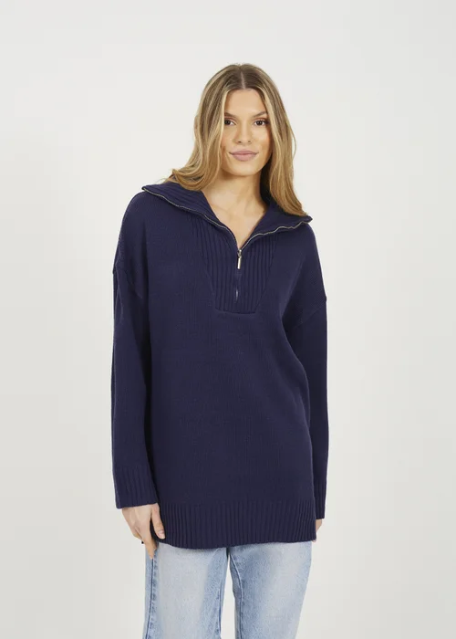 Brave Soul Navy Oversized 1/2 Zip Knitted Jumper - XS Image 1